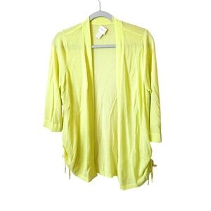 Chicos Citron Green Ruched Side Open Front Cardigan 3/4 Sleeve Size 2, Large